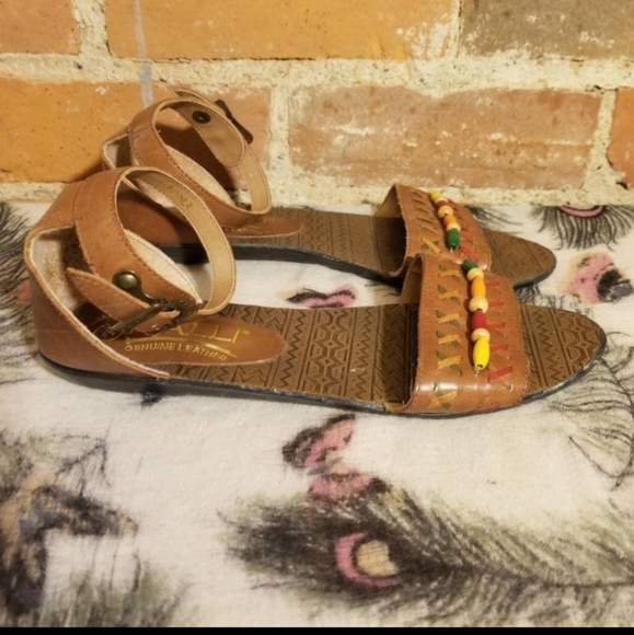 VINTAGE LEATHER WOVEN SANDALS BROWN HIPPIE PREPPY FESTIVAL 90S HIPSTER BEADED - Picture 7 of 10